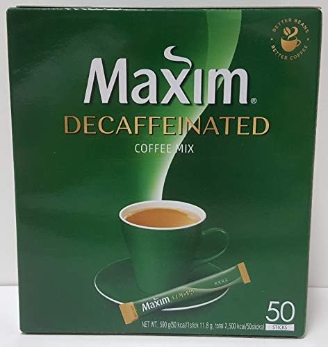 Dongsuh Maxim Decaf Coffee Mix 50T sachet details for quick dosing