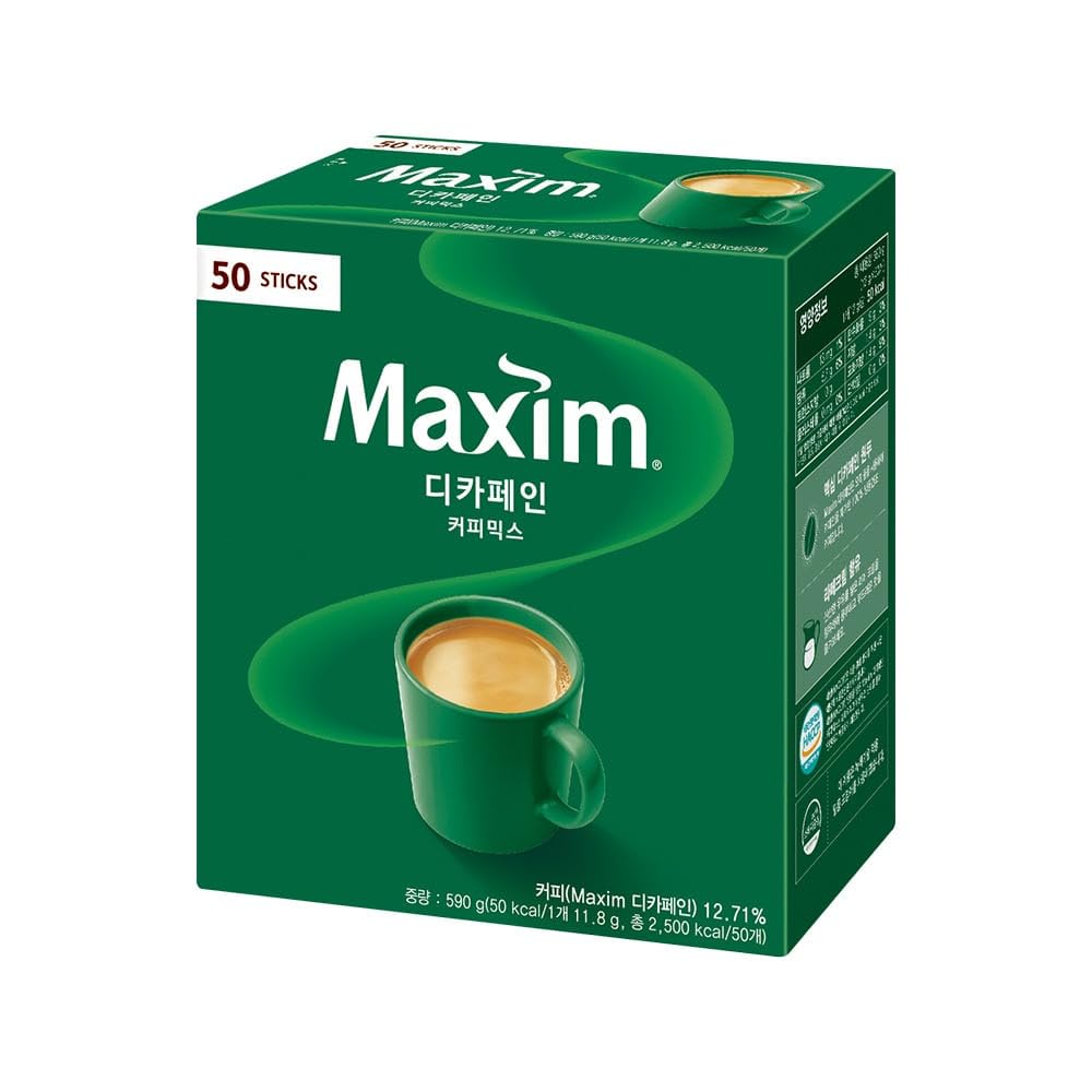 Dongsuh Maxim Decaf Coffee Mix 50T serving with cup and sugar