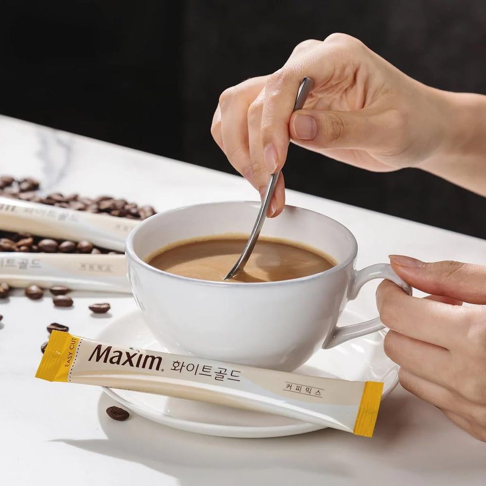 Dongsuh Maxim Mocha White Gold warm beverage prepared in minutes.
