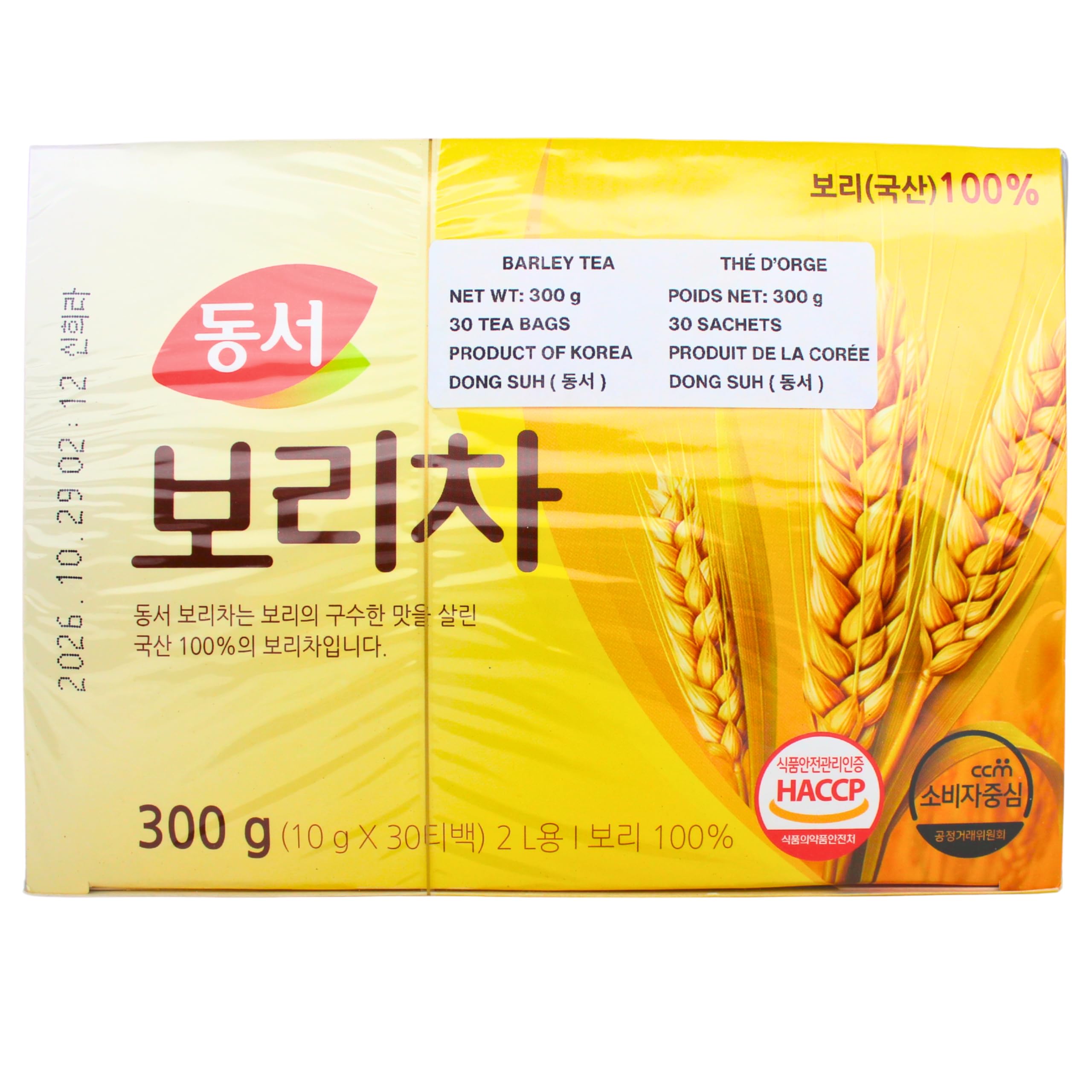 Dongsuh Roasted Barley Tea packaging close-up highlighting quality and heritage