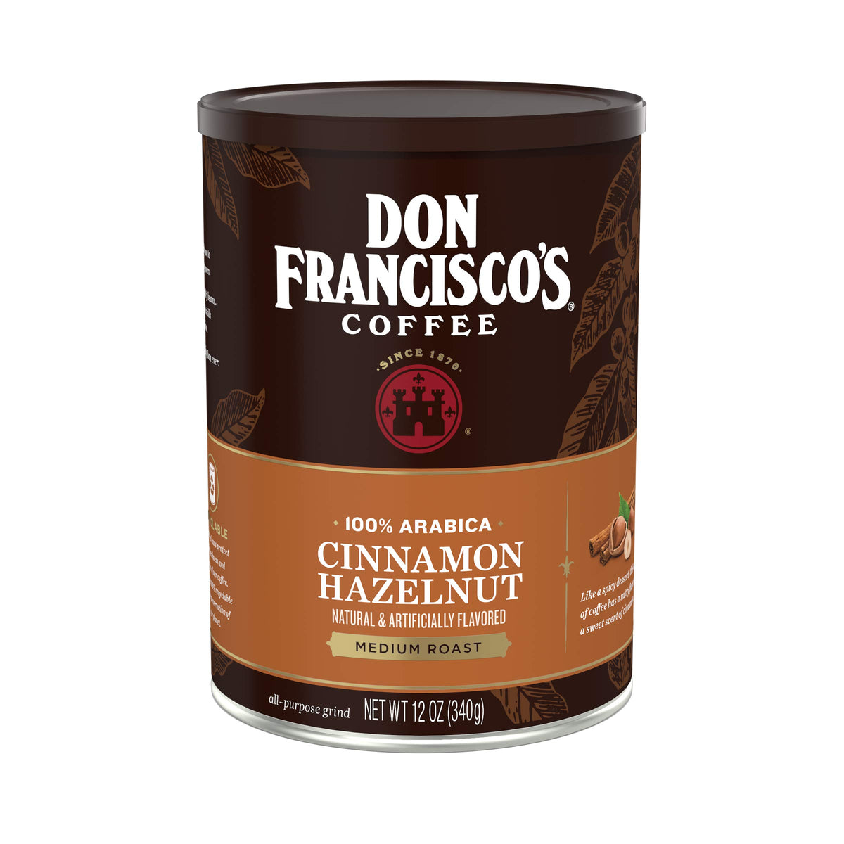 Don Francisco's Cinnamon Hazelnut ground coffee can releasing rich aroma for brewing.