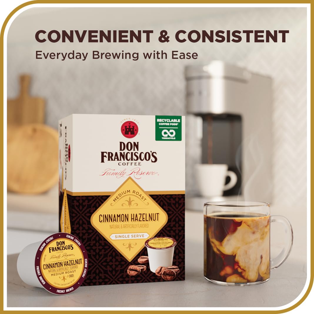Don Francisco's Cinnamon Hazelnut pod on a saucer for quick, flavorful brews.