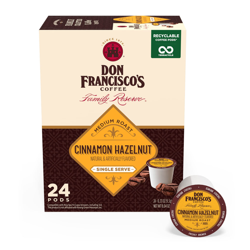 Don Francisco's Cinnamon Hazelnut coffee pods box showcases a flavorful medium roast for convenient mornings.