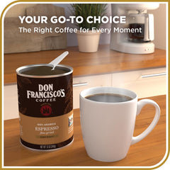 Don Francisco's premium espresso dark roast ground coffee uses 100% Arabica beans for smooth flavor.