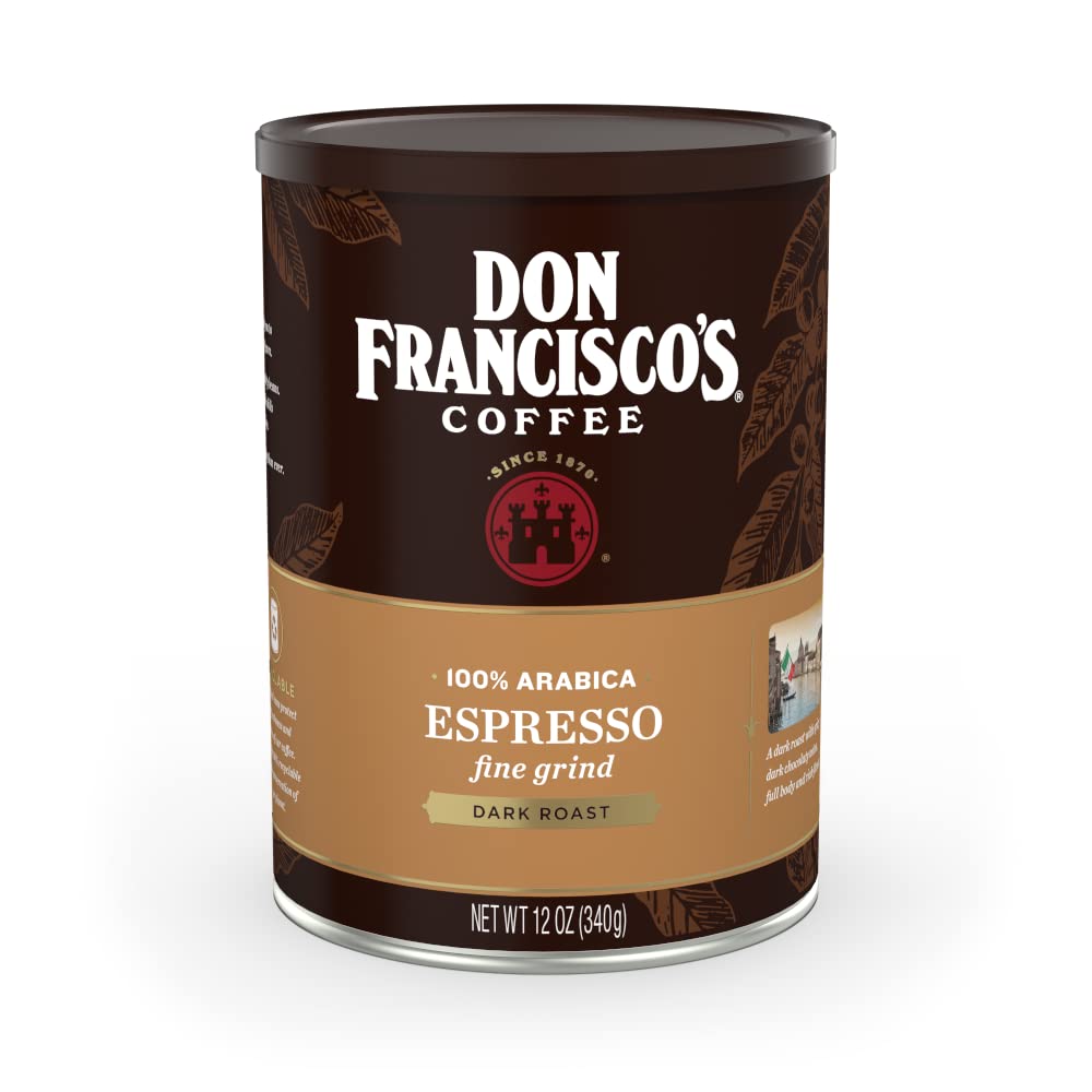 Don Francisco's premium espresso dark roast ground coffee can preserves aroma for lasting freshness.
