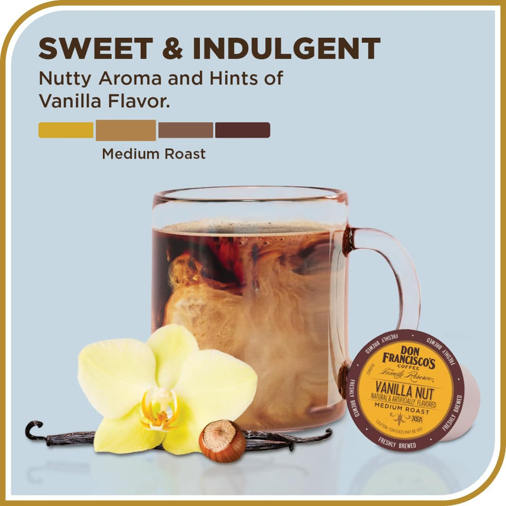 Aromas of vanilla and nuts rise from a cup of Don Francisco's Arabica blend.