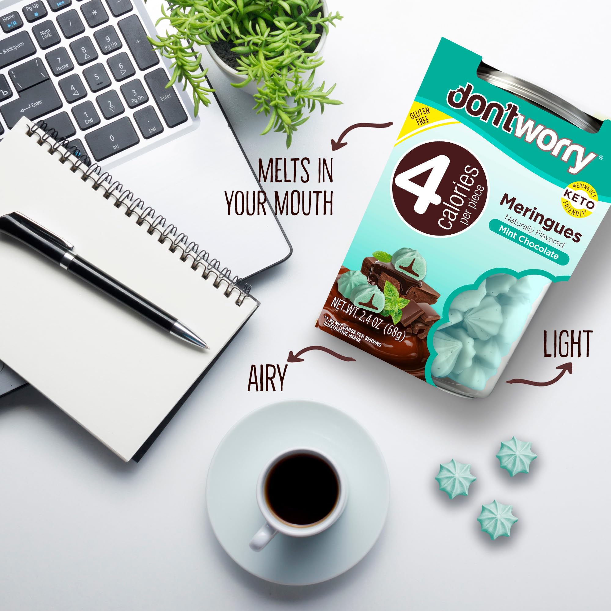 Don't Worry meringue cookie 4-pack packaging for sharing.