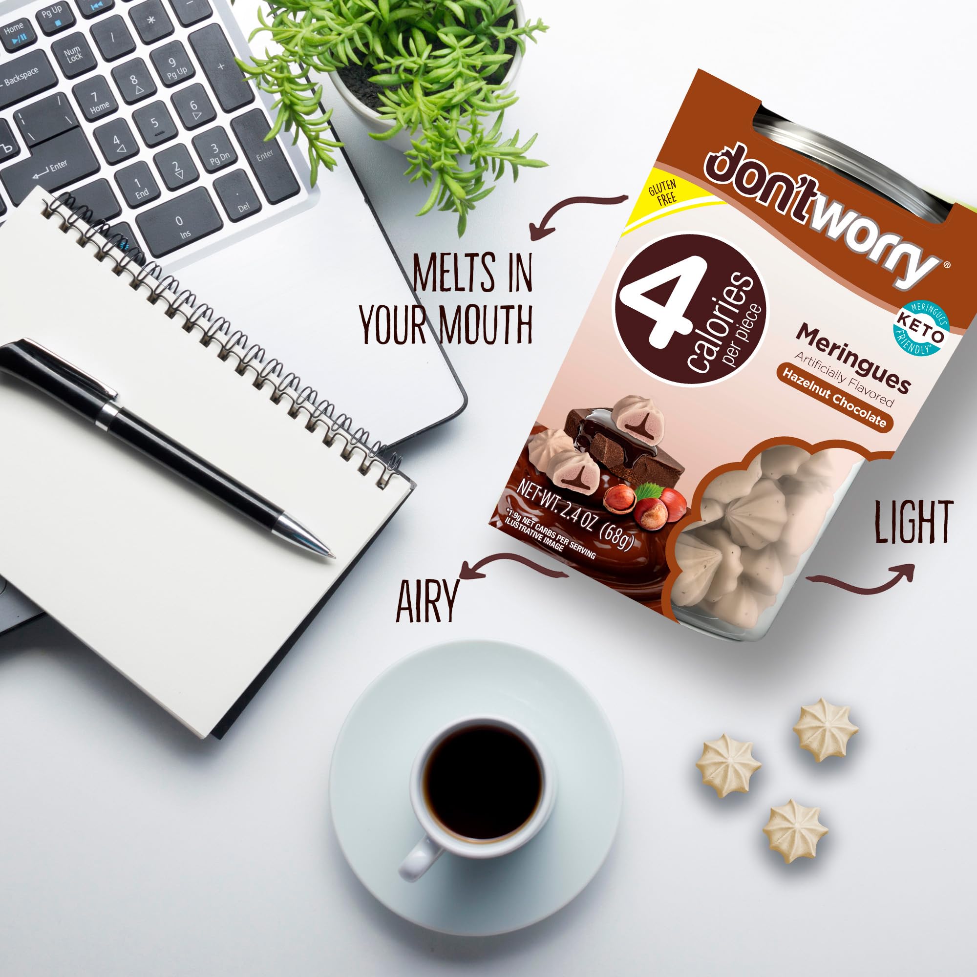 Don't Worry hazelnut meringue cookie, chocolate center close-up, convenient snack.