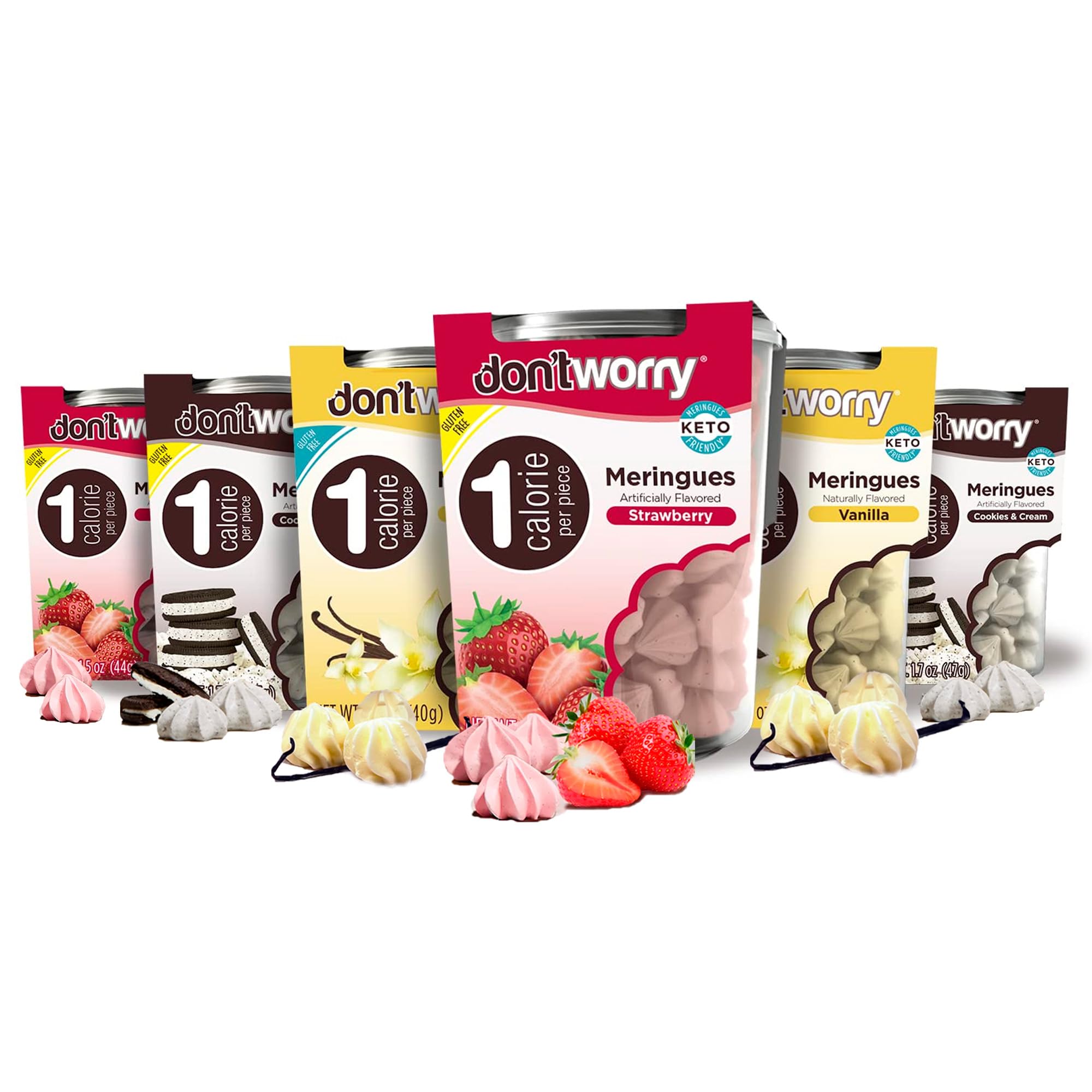Don't Worry meringue cookies 6-pack on tray, a light, low-calorie snack option.