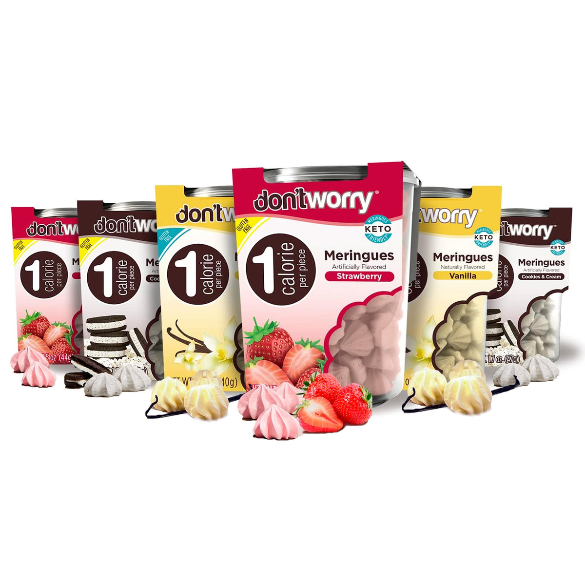 Don't Worry meringue cookies 6-pack on tray, a light, low-calorie snack option.
