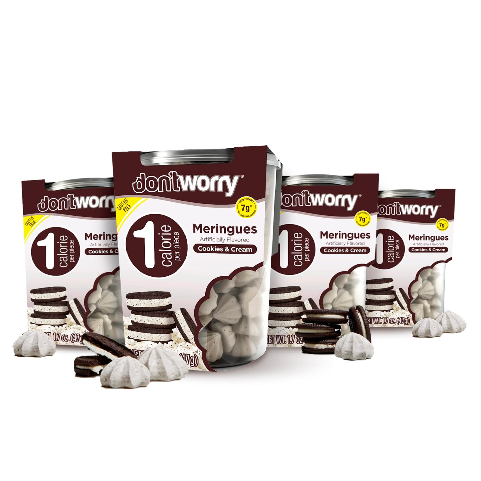 Don't Worry Meringue Cookies Cookies & Cream pack close-up, a light, low-cal indulgence.