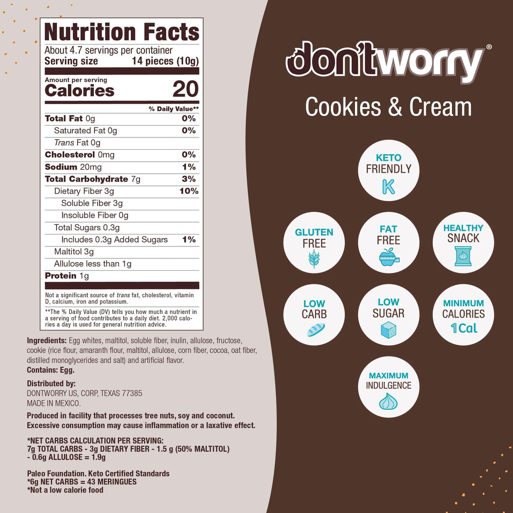 Don't Worry Meringue Cookies Double Chocolate pack close-up, crisp exterior and soft interior.