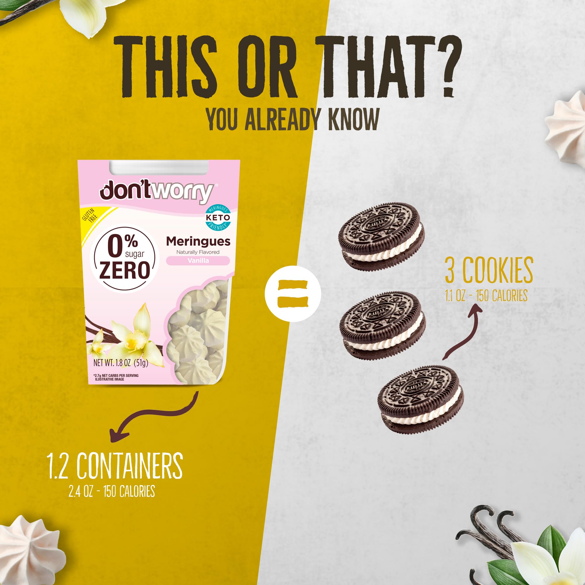 Dont Worry Meringue Cookies Pack Shot: gluten-free, low-carb snacks in a 4-pack.