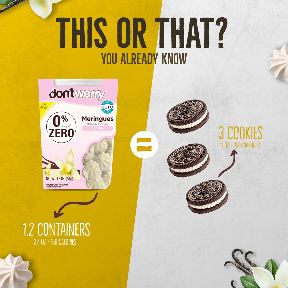 Dont Worry Meringue Cookies Pack Shot: gluten-free, low-carb snacks in a 4-pack.