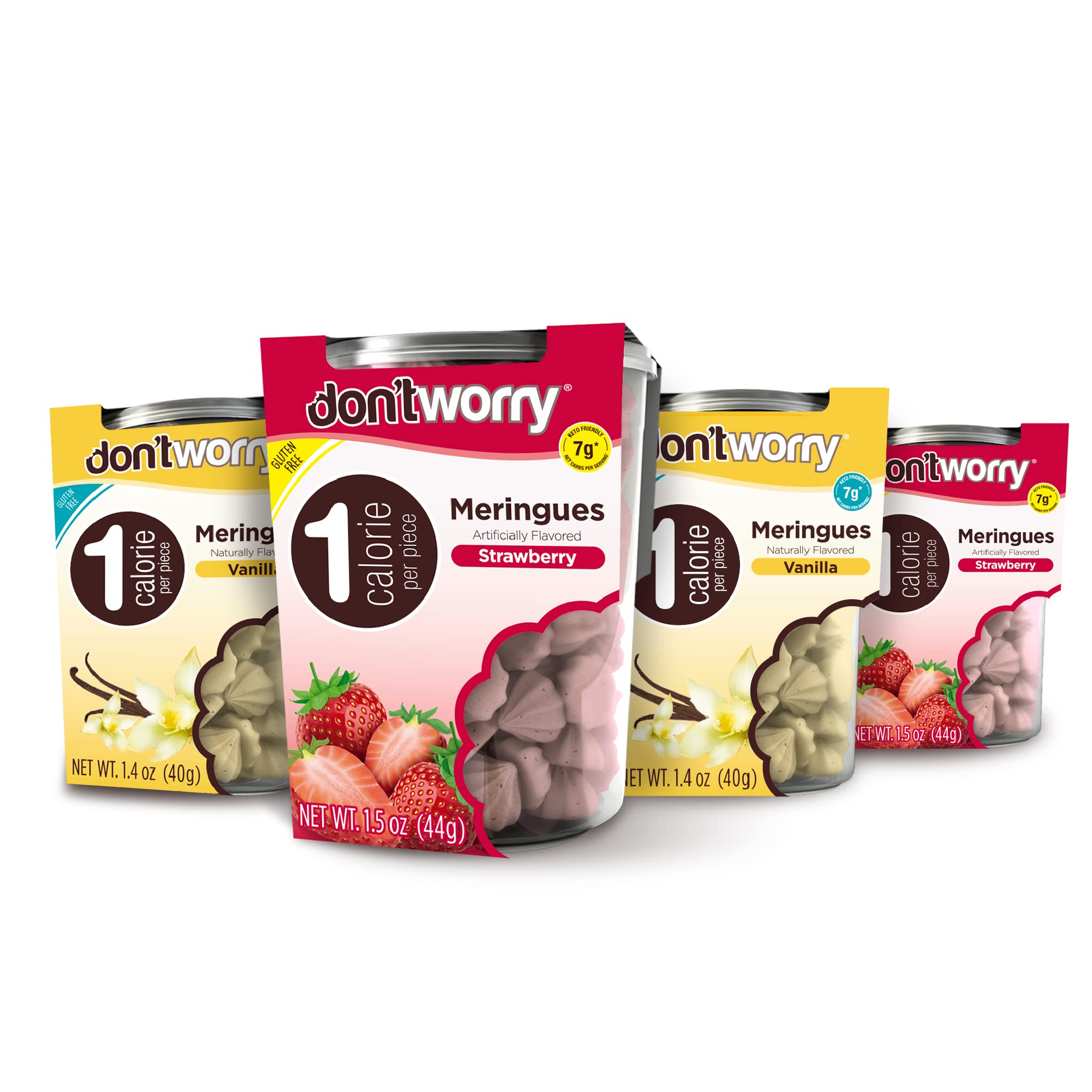 Don't Worry meringue cookies strawberry vanilla pack front, ideal for a light snack