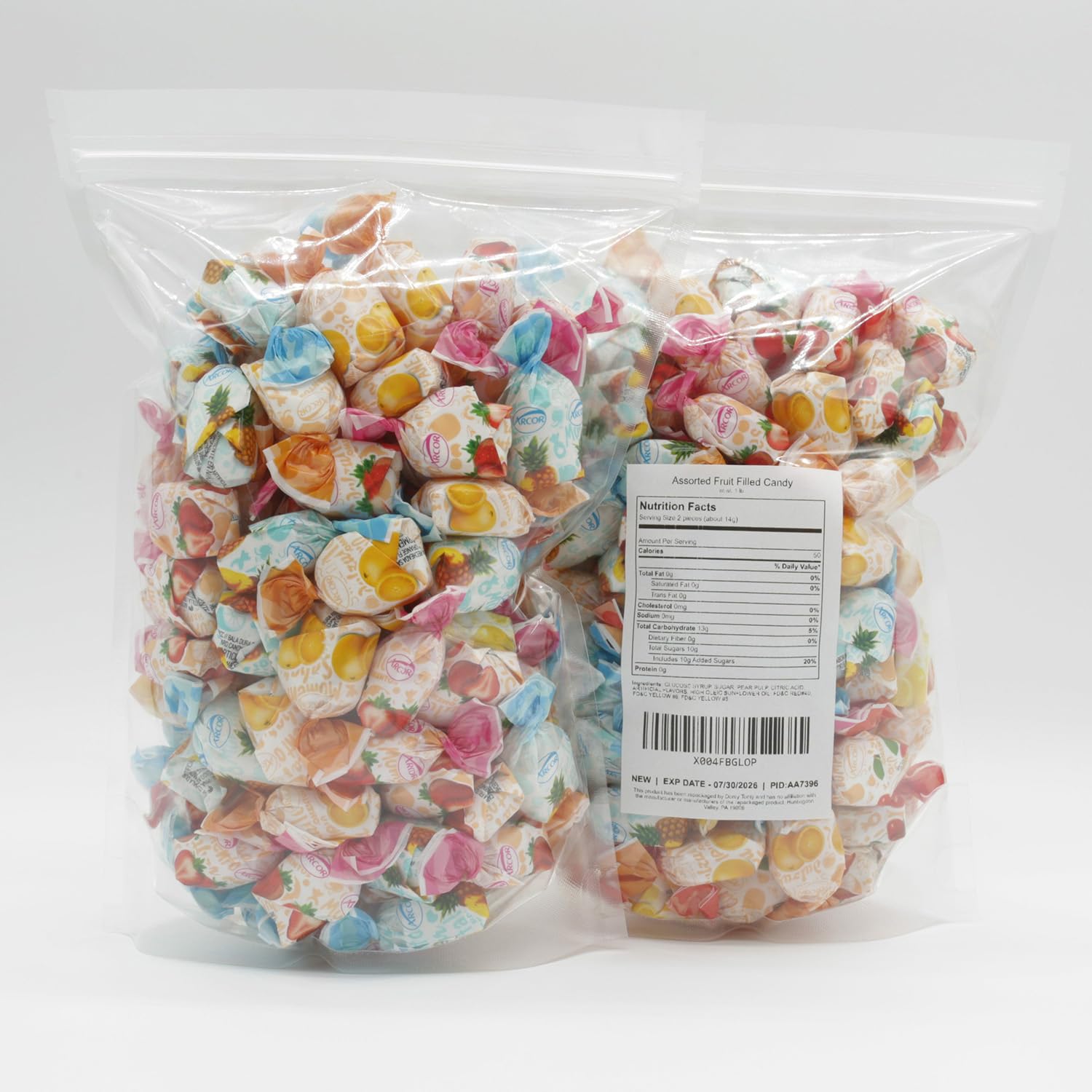 Donty-Tonty Arcor fruit filled candy in clear packaging for visibility.