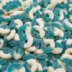 Donty-Tonty blue raspberry gummy rings in resealable bag for freshness.