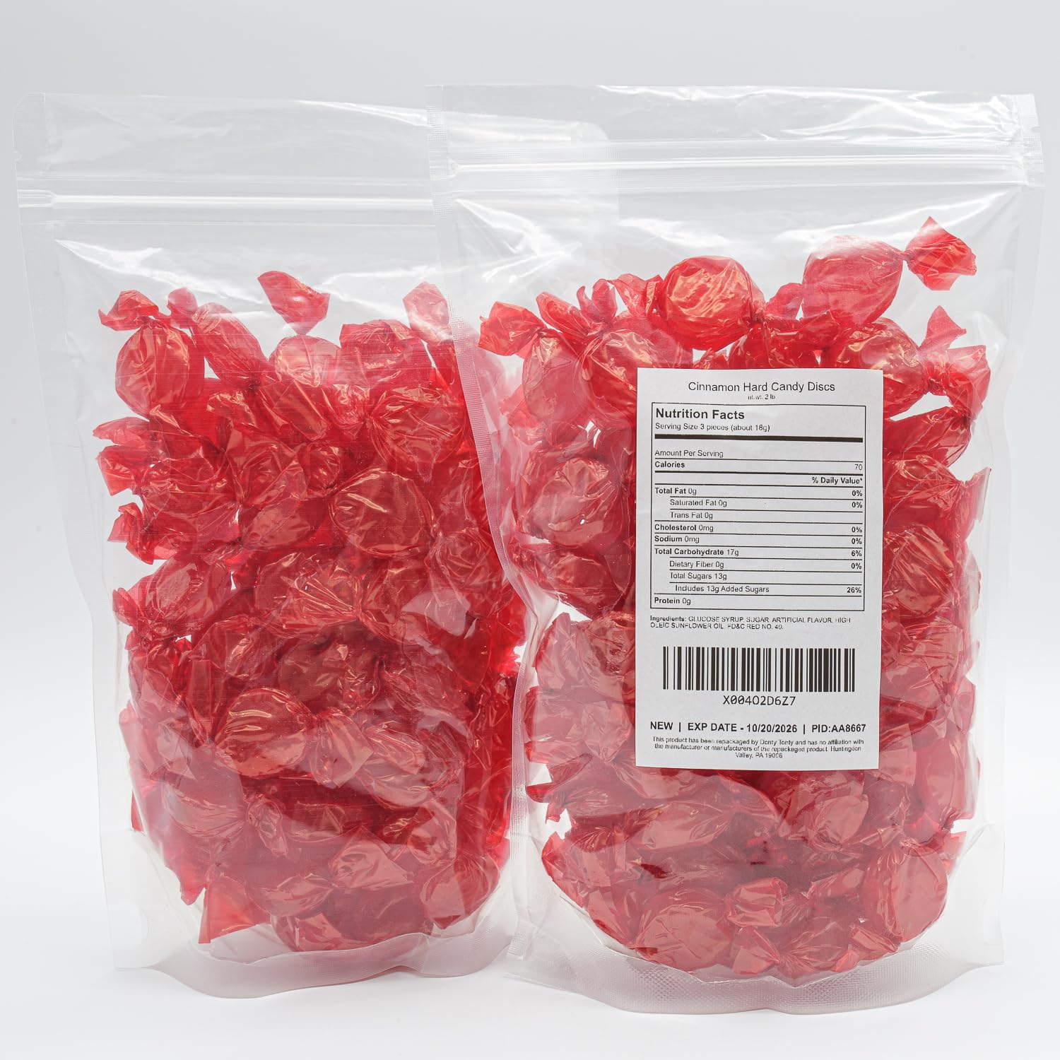 Donty-Tonty Cinnamon hard candy in a transparent bag keeps freshness visible