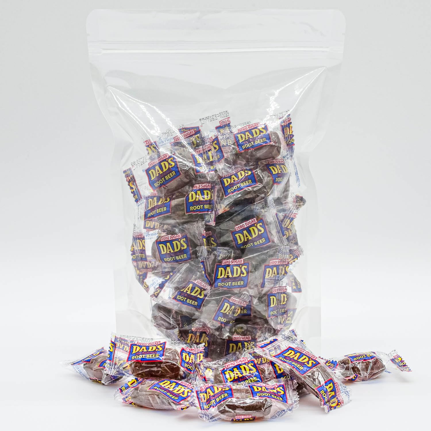 Donty-Tonty Dad's Root Beer Barrels clear packaging shows freshness and visibility.