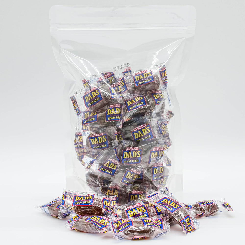 Donty-Tonty Dad's Root Beer Barrels clear packaging shows freshness and visibility.