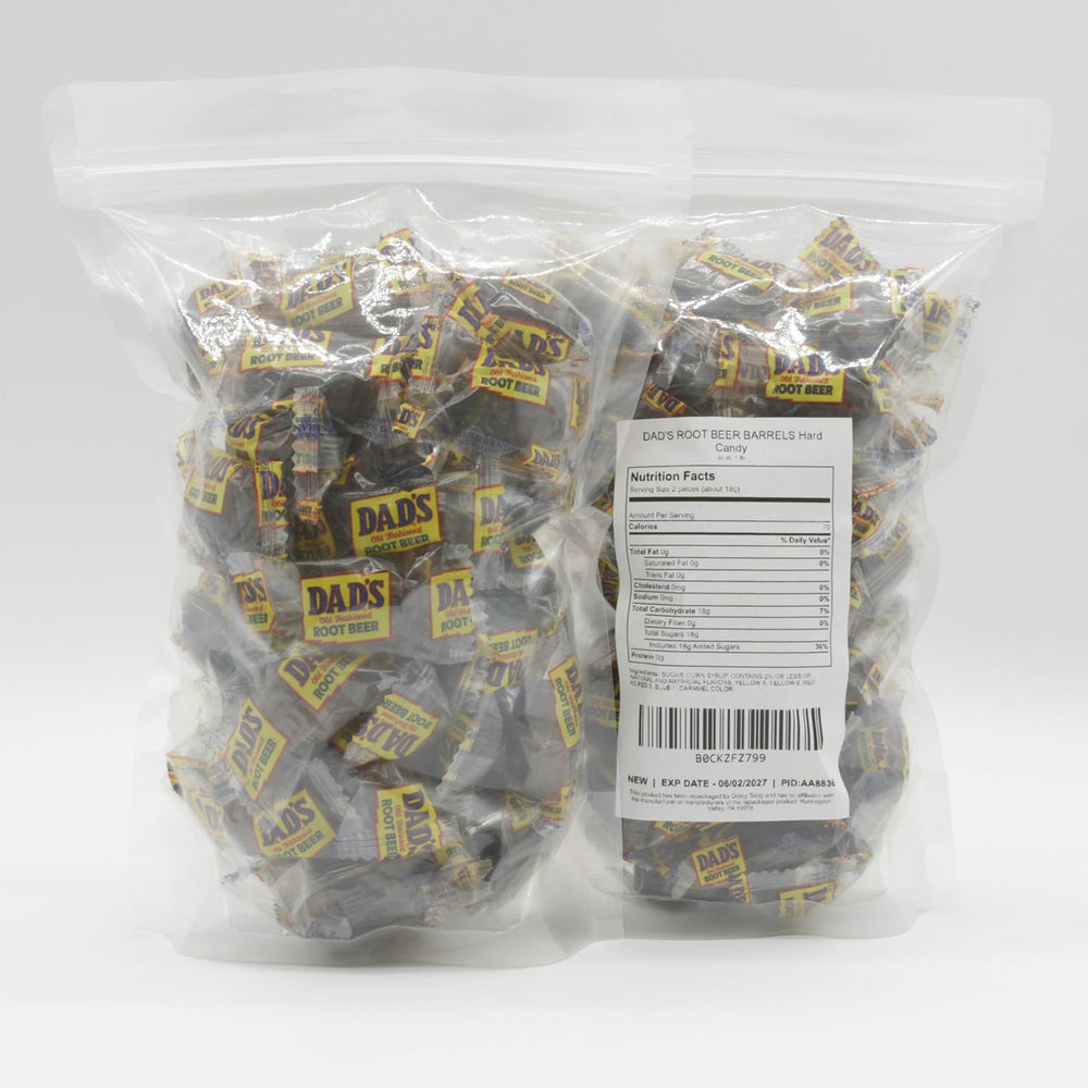 Donty-Tonty DAD'S ROOT BEER BARRELS closeup reveals old-fashioned soda flavor notes.