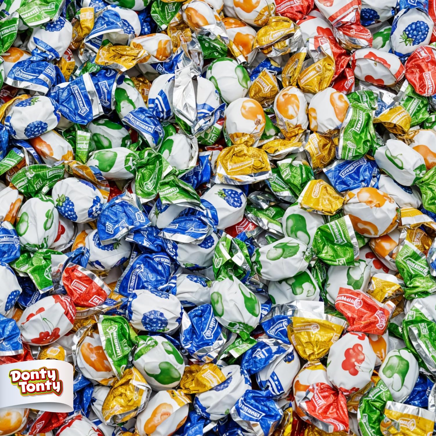 Donty-Tonty mini fruit-filled hard candy bulk bag with four-flavor mix.