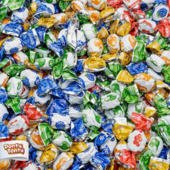 Donty-Tonty mini fruit filled candy bulk bag showcases four flavors for sharing.