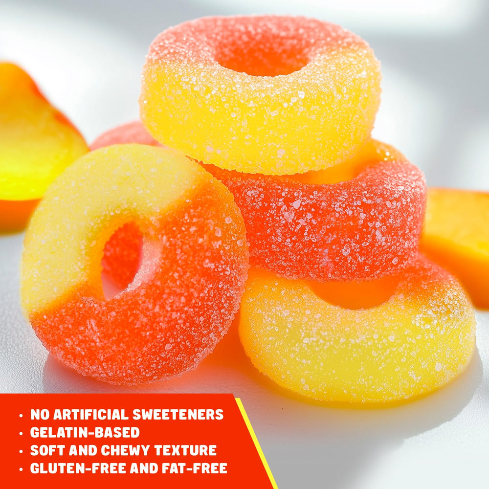 Donty-Tonty Peach Rings sugar coating detail indicating light sweetness.