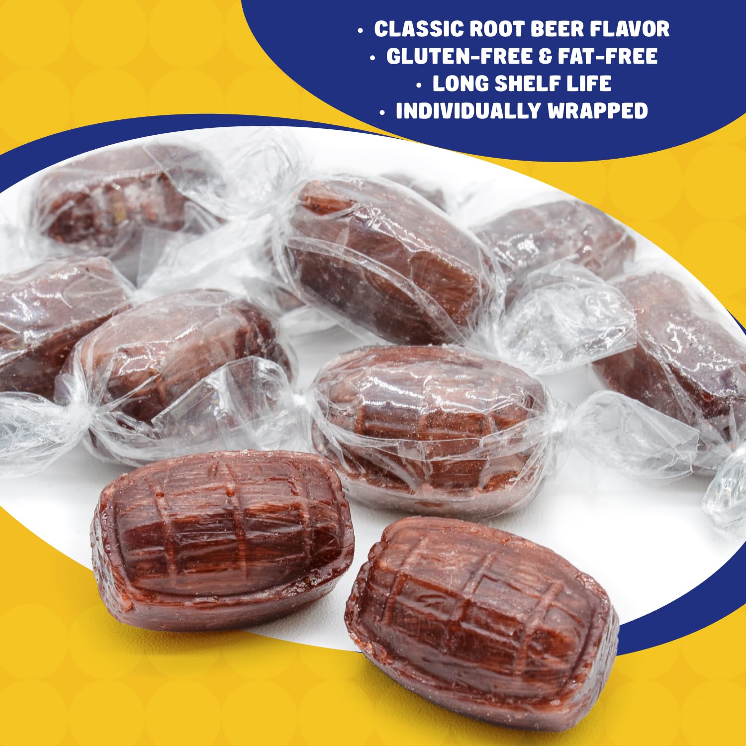Donty-Tonty Root Beer Barrels in transparent packaging