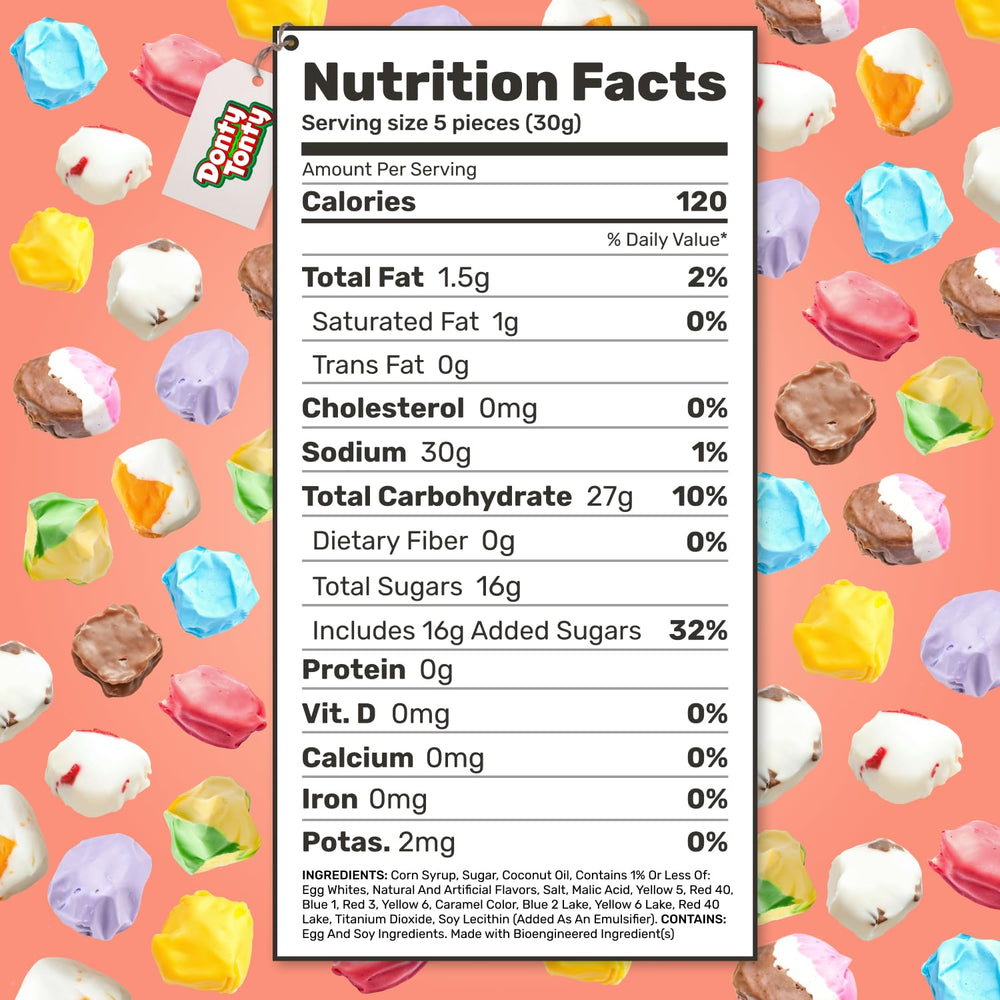 Donty-Tonty Salt Water Taffy assorted flavors closeup highlights vibrant colors and variety.