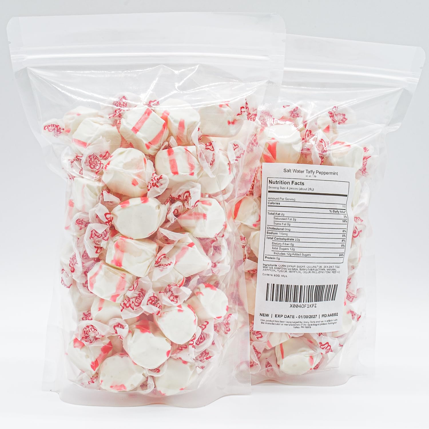Donty-Tonty peppermint taffy closeup shows smooth texture and glossy surface.