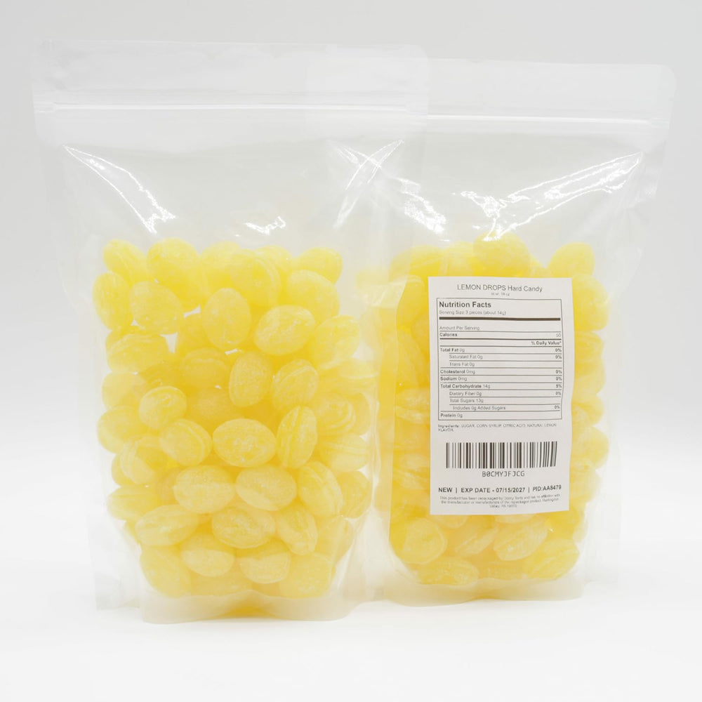 Donty-Tonty Sanded Lemon Drops bulk dispensing jar on a countertop for quick portions.
