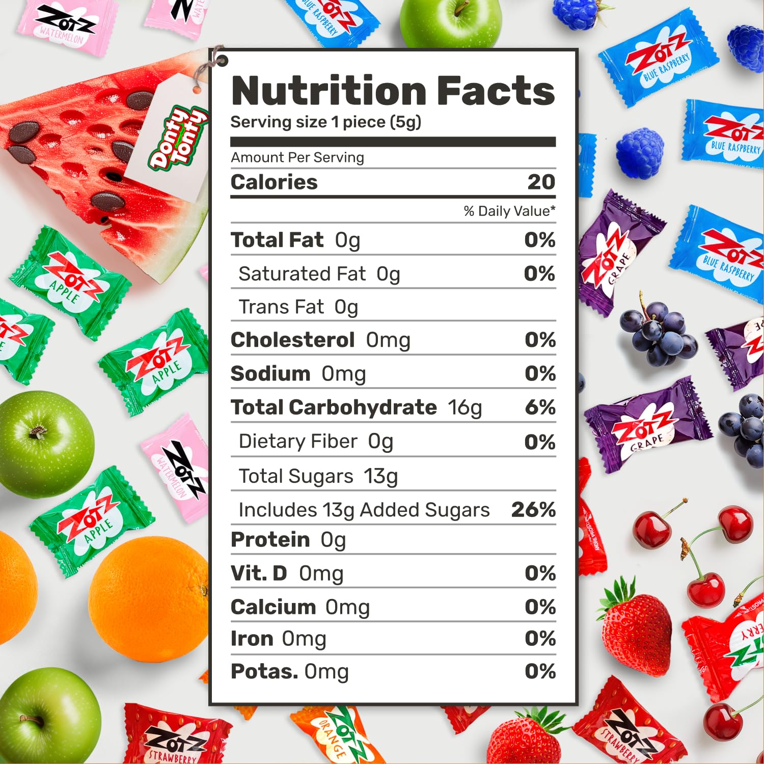Donty-Tonty Zotz assorted fruit flavors visible in a transparent bag.