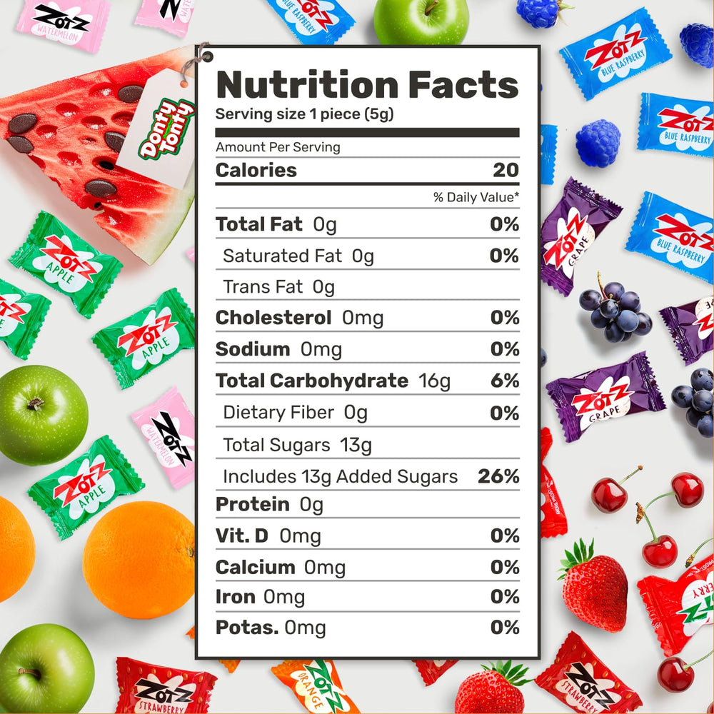 Donty-Tonty Zotz assorted fruit flavors visible in a transparent bag.