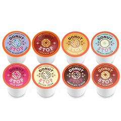 Donut Stop pods compatible with 2.0 K-Cup brewers for easy home brewing.