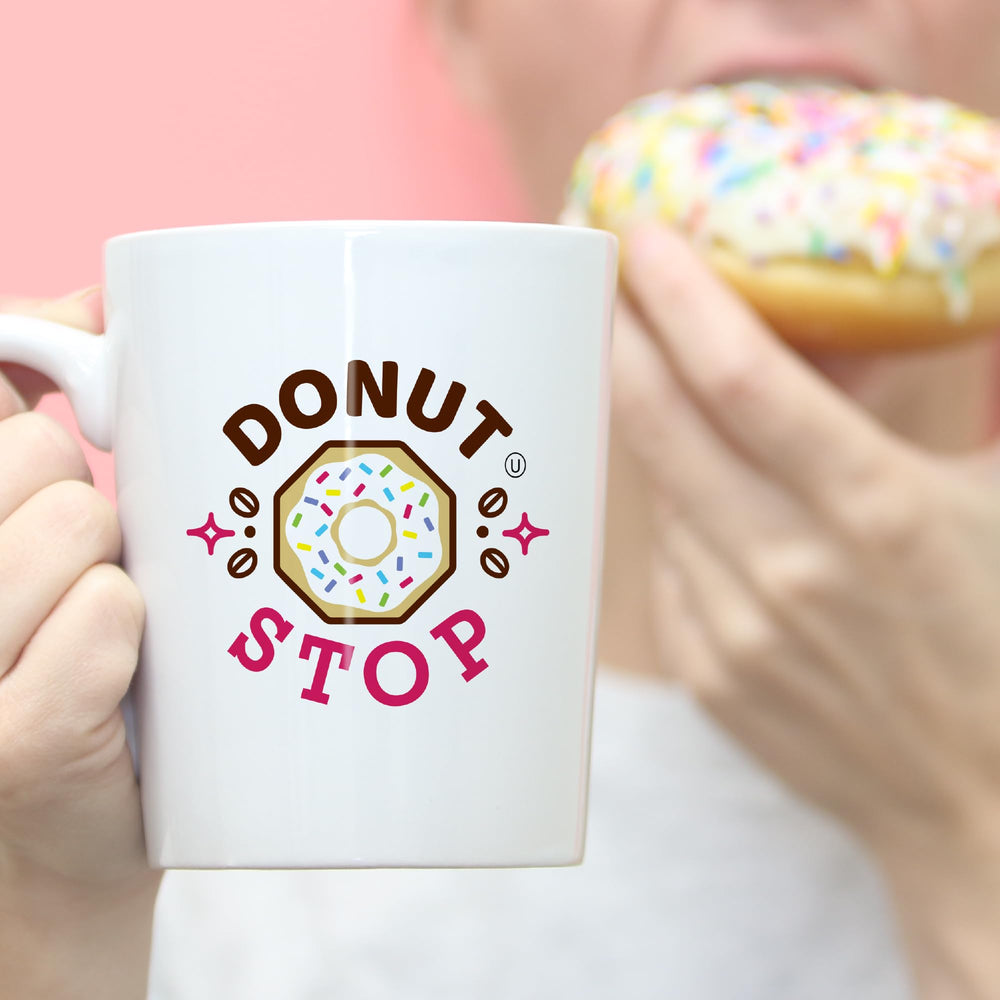 Donut Stop donut-flavored coffee cup ready for a tasty morning ritual.