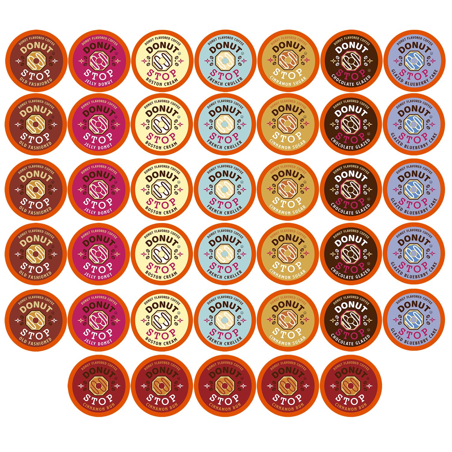 Donut Stop flavored coffee pods in a box with eight donut-inspired flavors for quick mornings.
