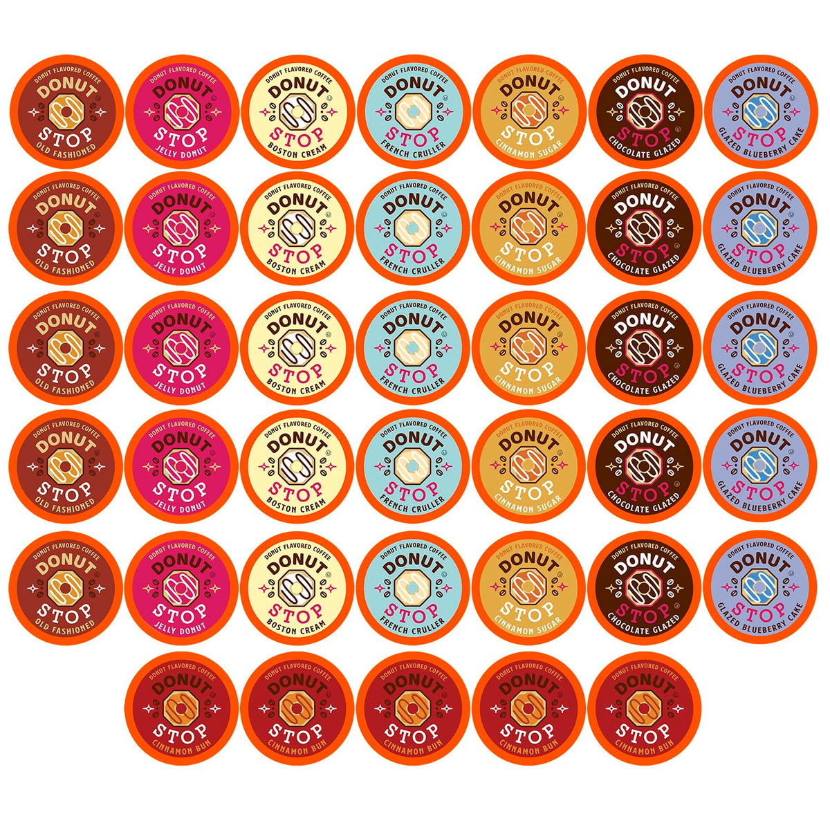 Donut Stop flavored coffee pods in a box with eight donut-inspired flavors for quick mornings.