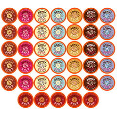 Donut Stop flavored coffee pods in a box with eight donut-inspired flavors for quick mornings.