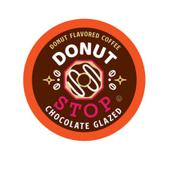 Donut Stop Chocolate Glazed packshot showcases donut-inspired coffee pods for home brewing