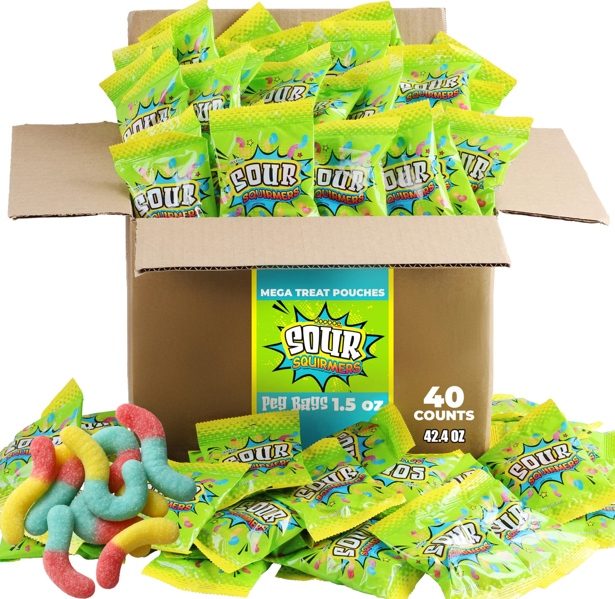 Dooboe Sour Squirmers bulk pack for parties and sharing, 40 mini bags for easy portions.