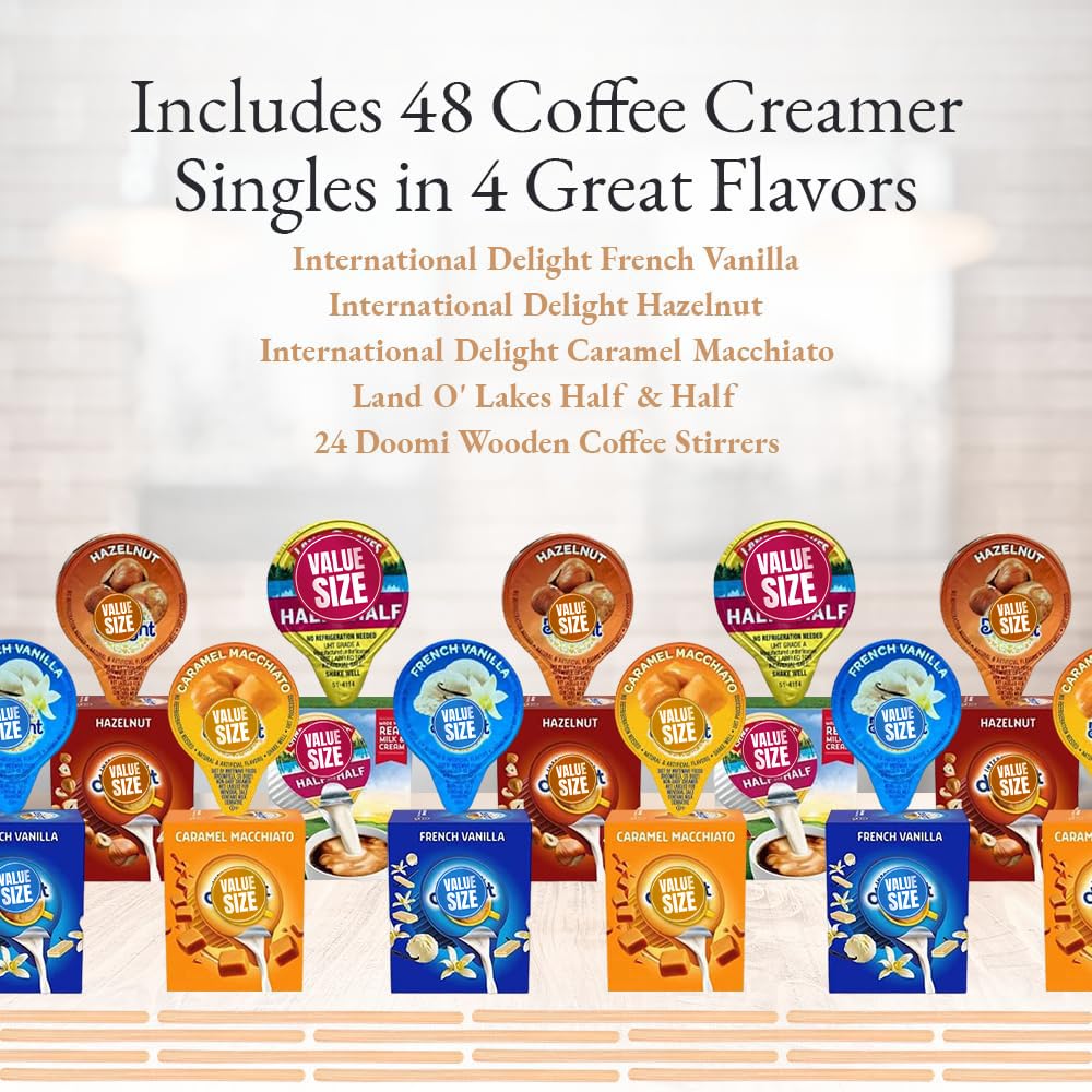 Doomi caramel macchiato creamer adds rich sweetness to coffee.