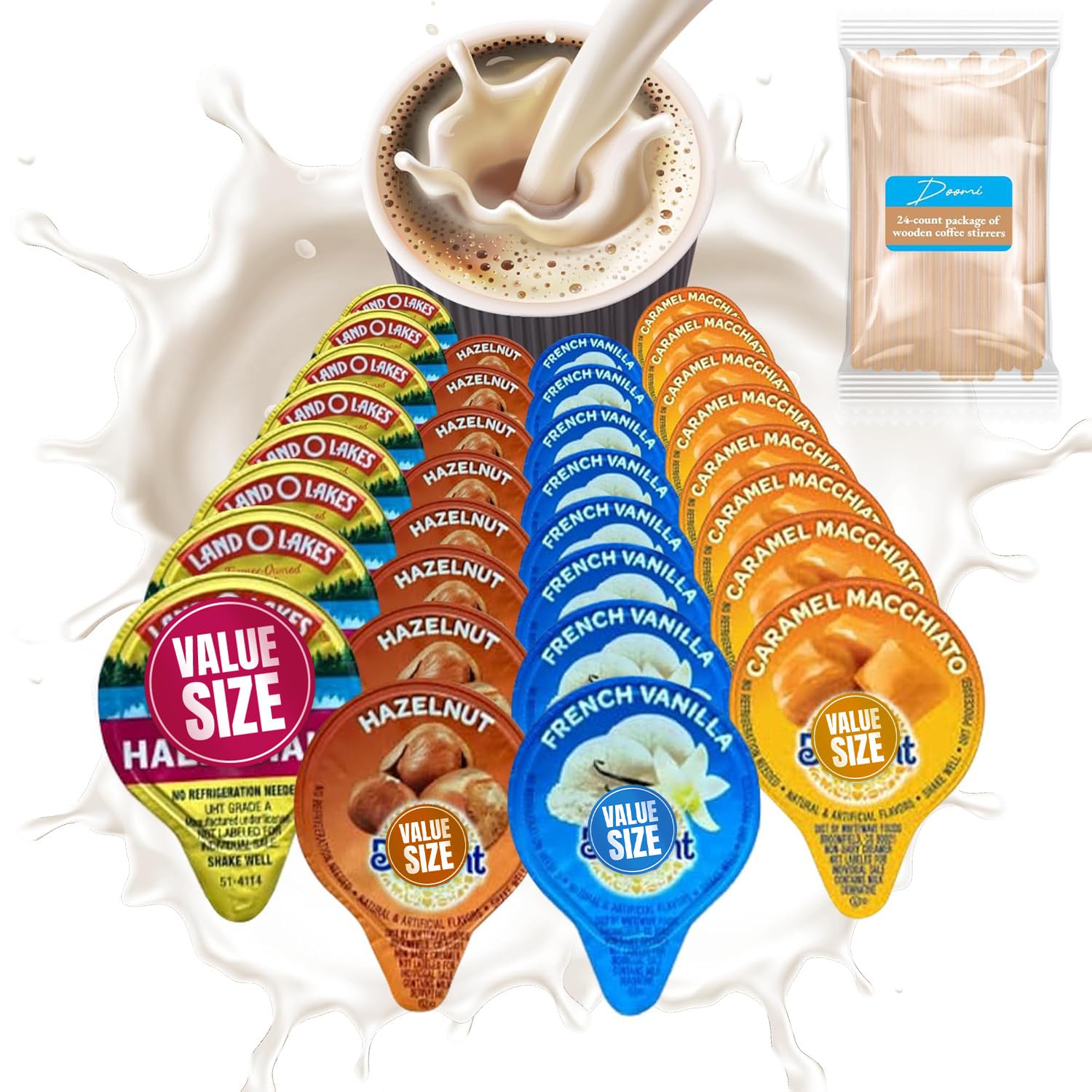 Doomi coffee creamer singles variety pack for convenient home or office use.