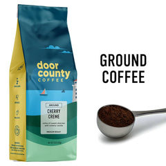 Close-up of Door County Cherry Creme bag label highlighting aroma and flavor notes.