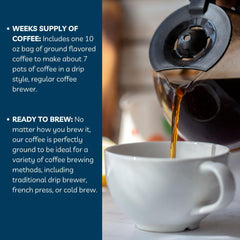 Pouring hot water over Door County Coffee Almond Toffee Ground to brew a flavorful pot.
