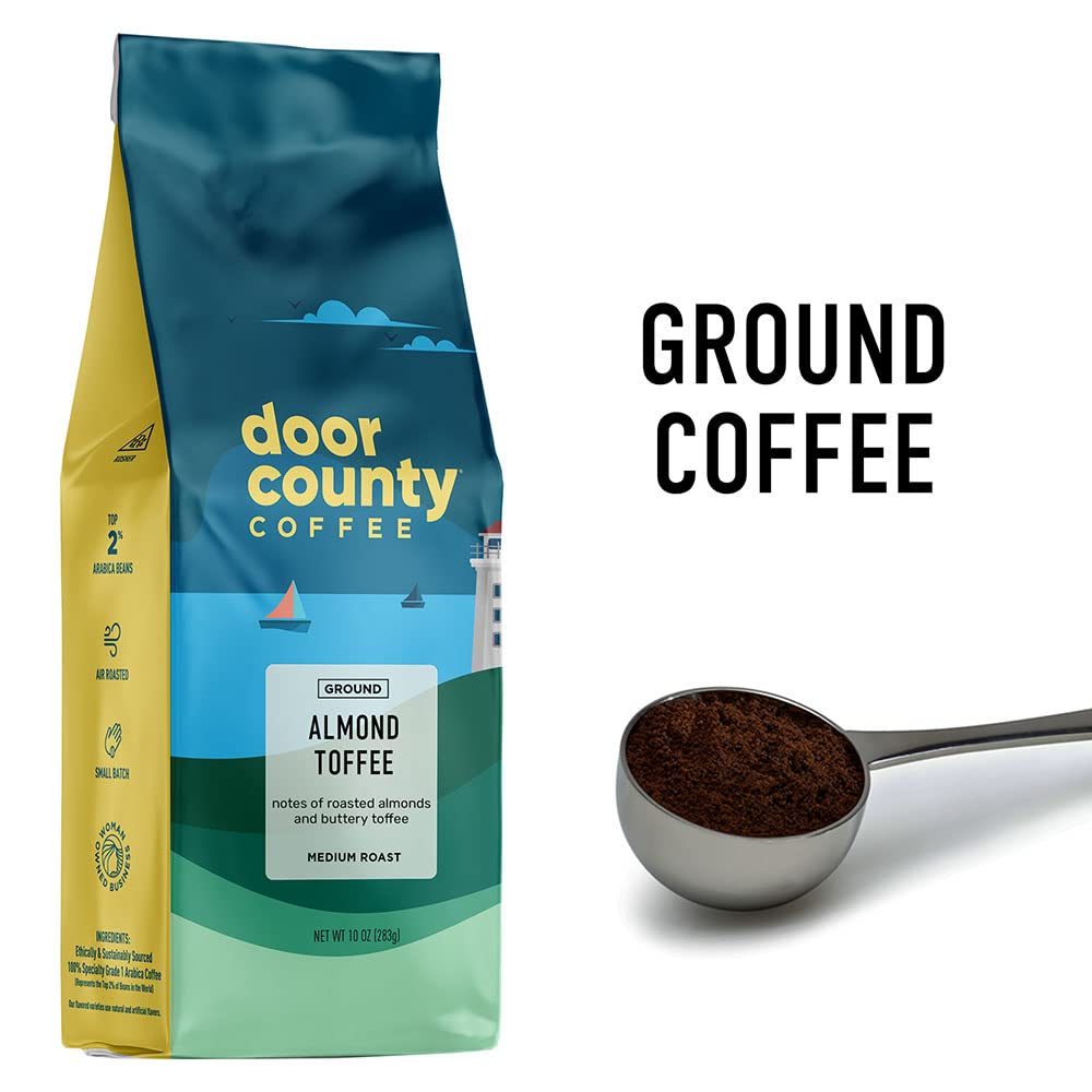 Door County Coffee Almond Toffee label closeup highlighting premium Arabica flavor.