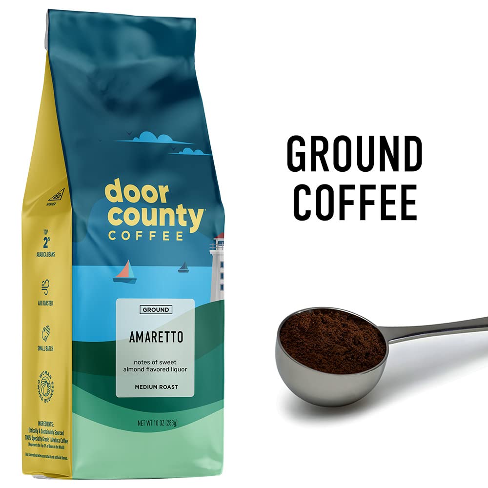 Door County Coffee Amaretto Ground bag back details roasting and sourcing.
