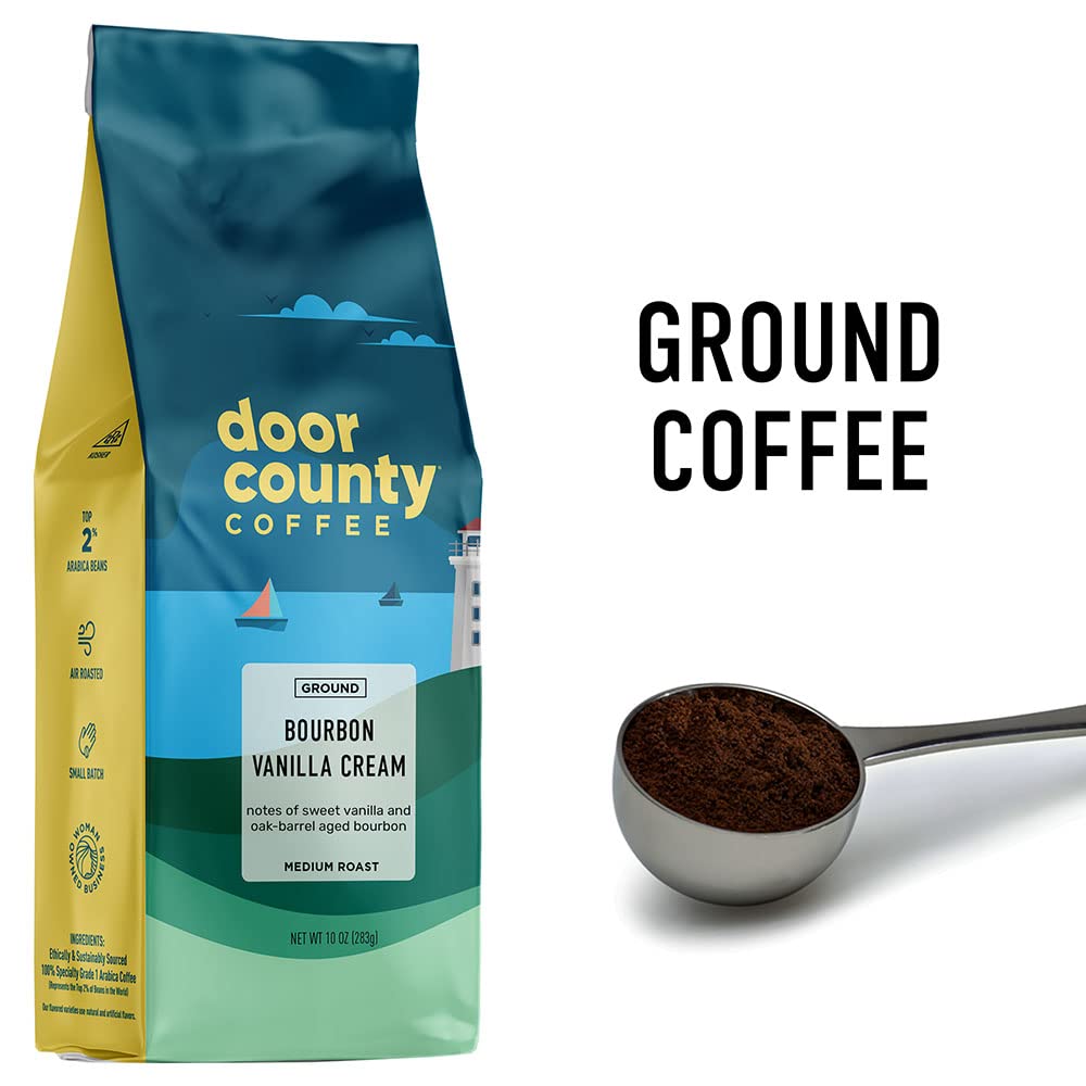 Door County Coffee Bourbon Vanilla Cream-ground beans closeup highlighting premium Arabica quality.