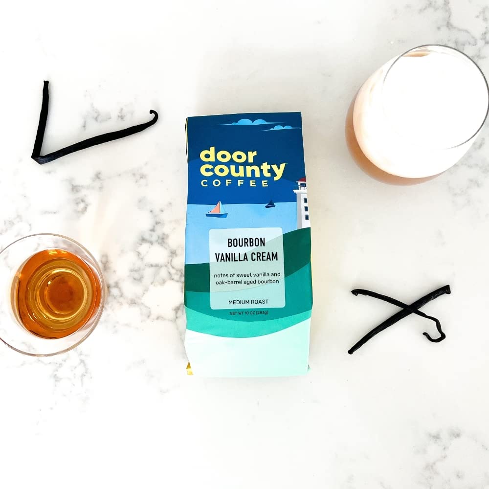 Door County Coffee Bourbon Vanilla Cream ground brewed with steam, ready for a comforting cup.