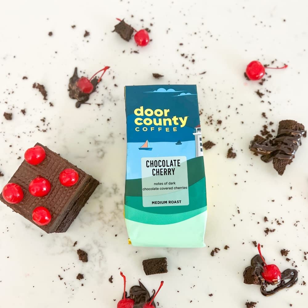 Door County Coffee & Tea Co. Chocolate Cherry close-up; cherries and chocolate hints suggest dessert-like aroma.